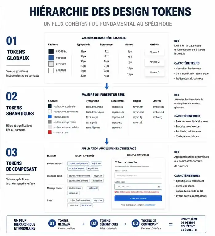 Schéma explicatif de la hiérarchie des design tokens : des tokens globaux aux tokens de composants pour un design system cohérent.