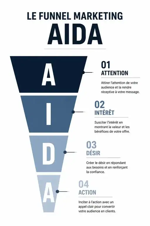 Infographie du modèle marketing AIDA expliquant pourquoi utiliser la méthode AIDA pour la conversion