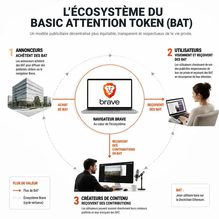 Schéma explicatif du fonctionnement de l'écosystème Basic Attention Token (BAT) et du navigateur Brave