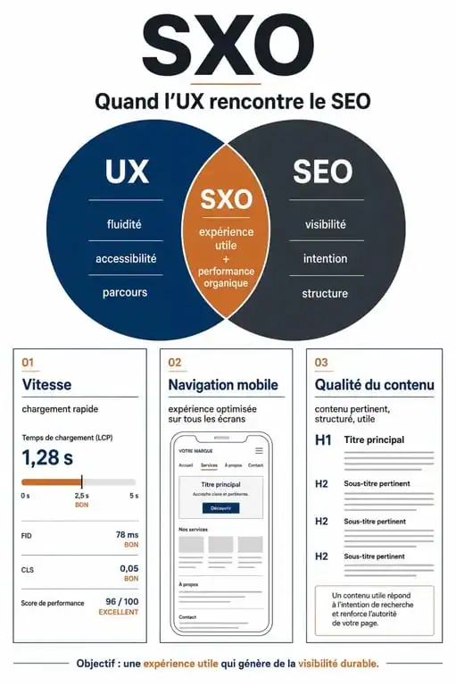 Schéma illustrant la synergie entre l'expérience utilisateur et le SEO pour une stratégie SXO efficace