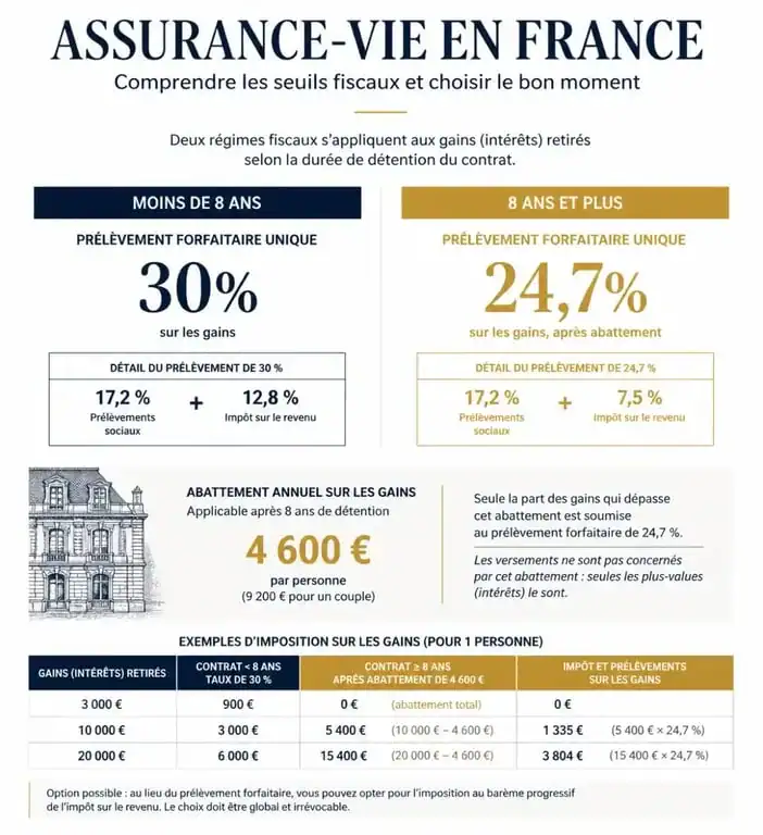 Infographie des seuils fiscaux et de la flat tax sur l'assurance vie en France