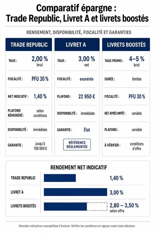 Comparatif des solutions d'épargne : Trade Republic, Livret A et livrets boostés pour optimiser vos intérêts