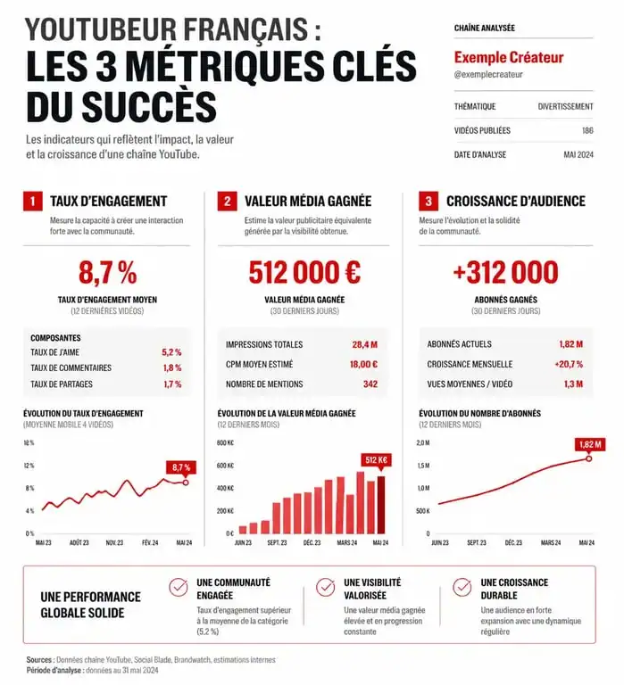 Infographie illustrant les indicateurs clés de succès d'une youtubeuse française : taux d'engagement, EMV et croissance d'audience.