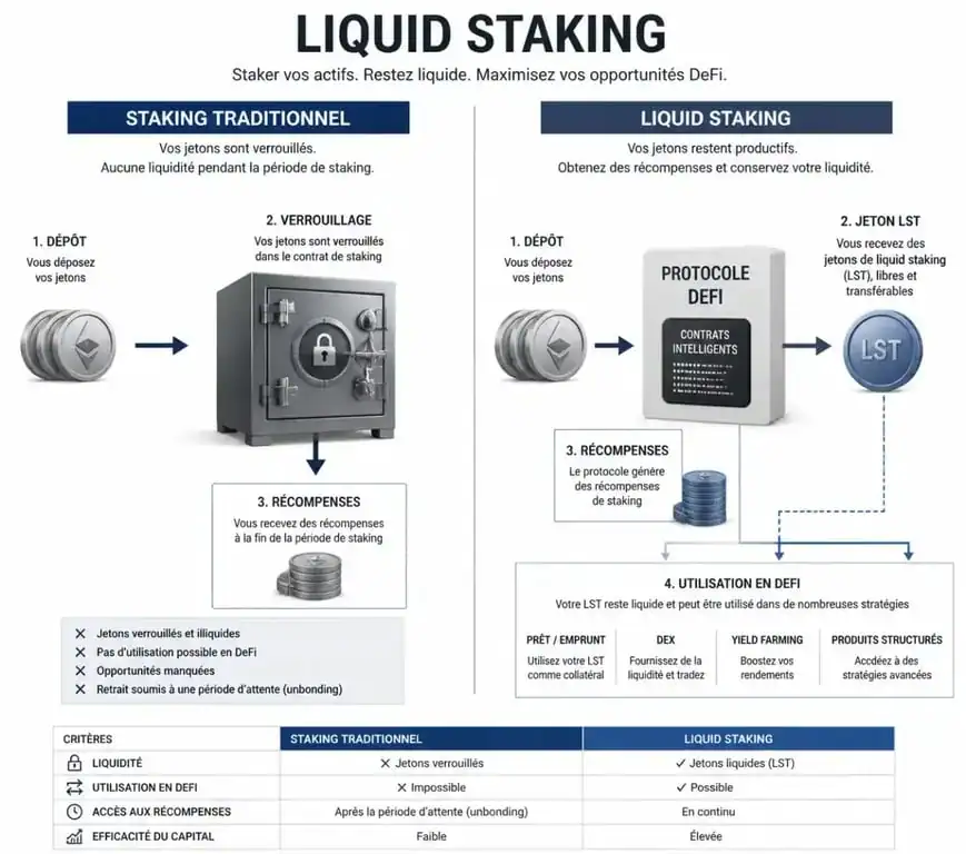 Schéma explicatif du fonctionnement du liquid staking et des jetons LST