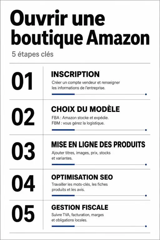 Infographie des étapes pour ouvrir une boutique Amazon et devenir vendeur