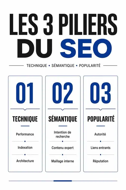 Infographie des trois piliers du SEO pour choisir la meilleure formation SEO