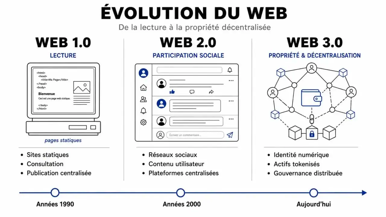 Infographie comparative illustrant l'évolution du web 1.0, web 2.0 et web 3.0