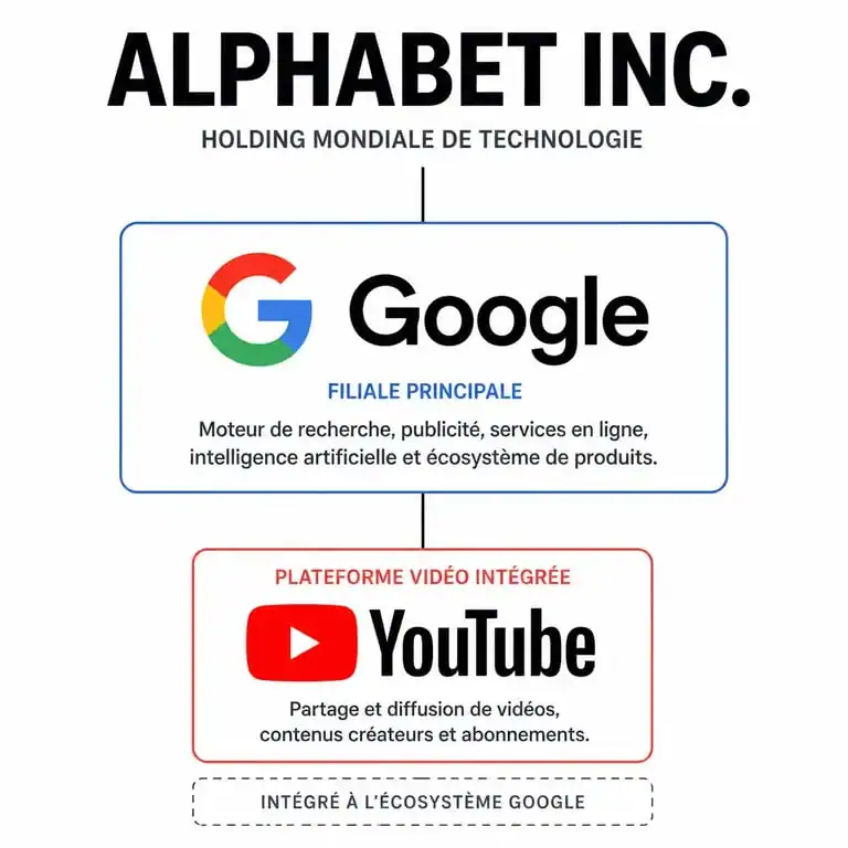 Schéma de la structure organisationnelle d'Alphabet Inc. montrant l'appartenance de YouTube à Google