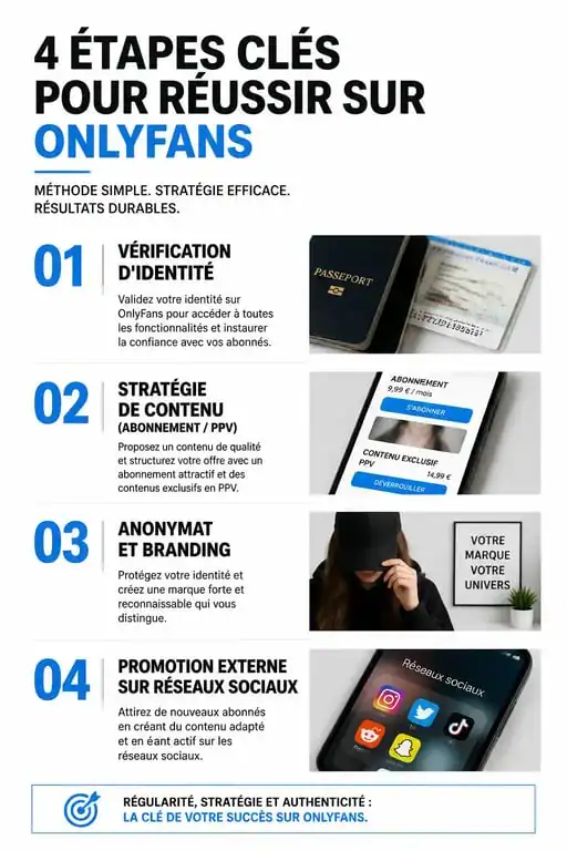 Infographie des étapes pour gagner de l'argent sur OnlyFans : vérification, stratégie de contenu et promotion.