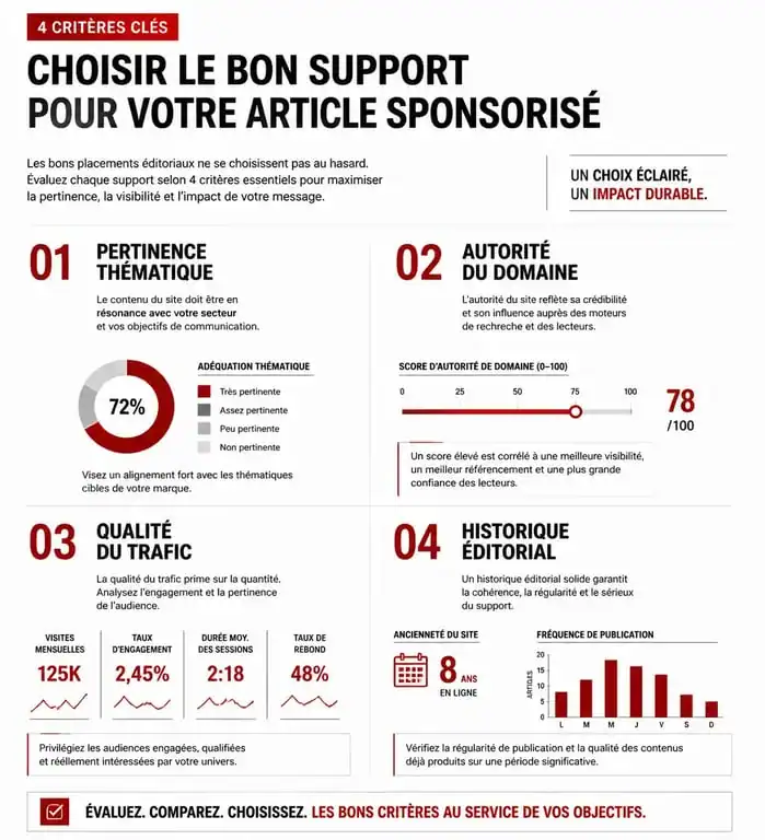 Infographie des critères de sélection pour un article sponsorisé efficace