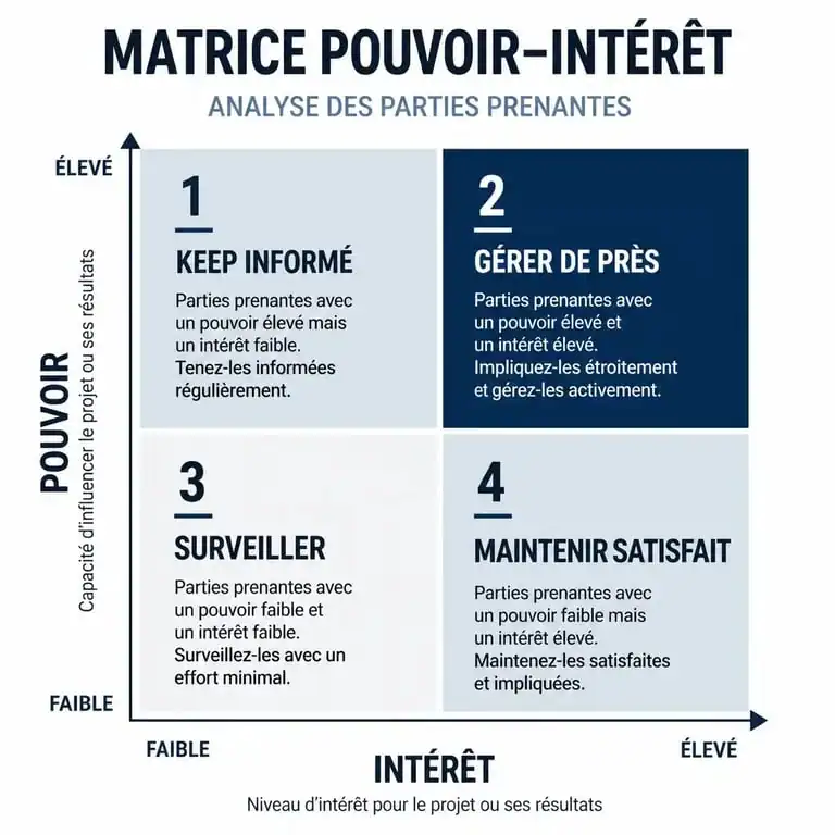 Matrice pouvoir et intérêt pour la gestion des parties prenantes d'un projet