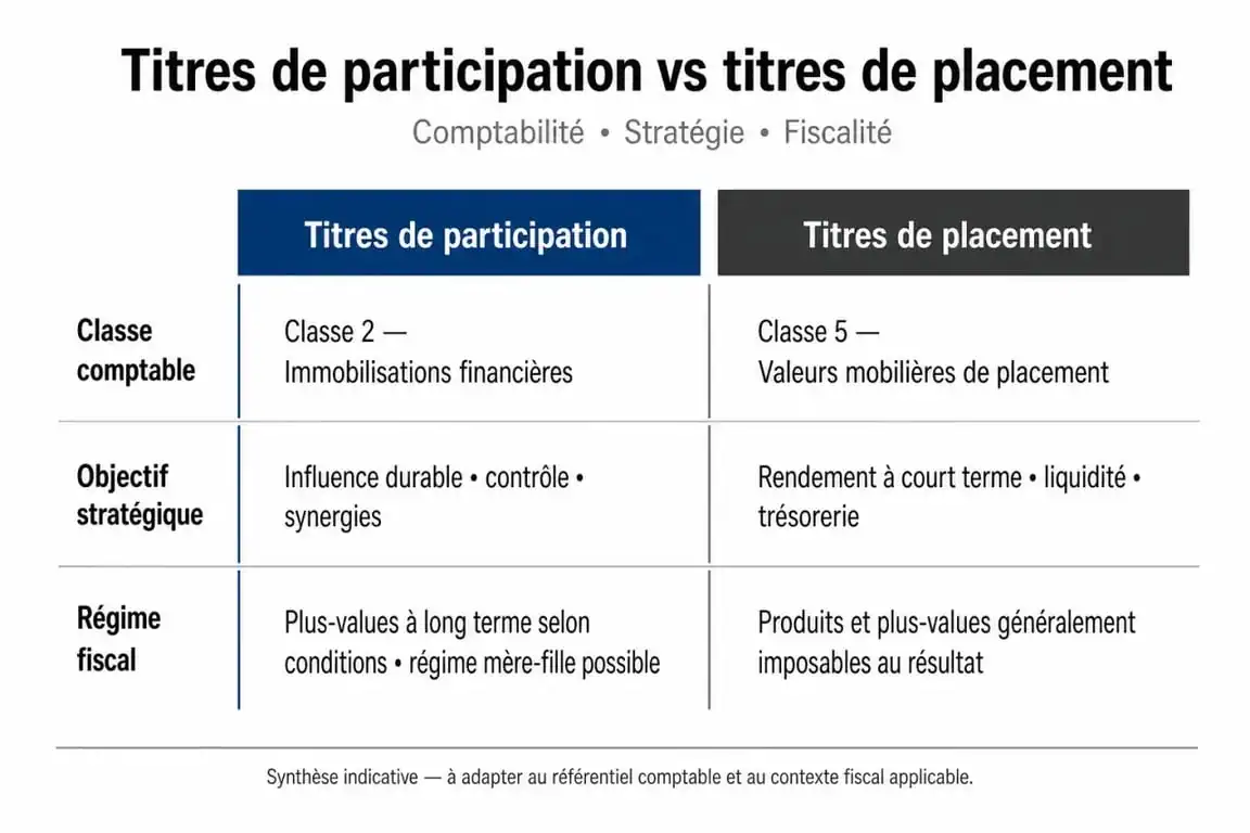 Tableau comparatif des titres de participation et titres de placement pour la gestion financière