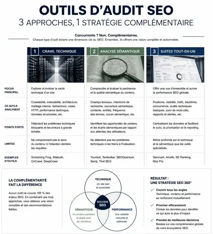 Comparatif visuel des outils d'audit SEO : crawl technique, analyse sémantique et suites tout-en-un