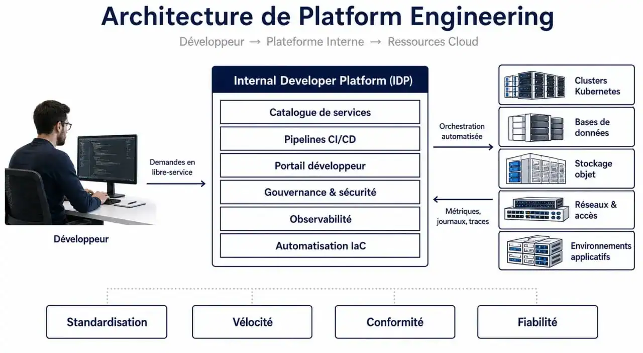 Schéma d'architecture de platform engineering montrant le rôle de l'Internal Developer Platform