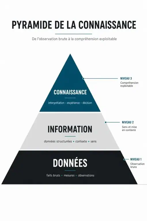 Schéma de la pyramide de la gestion de la connaissance : de la donnée à l'information puis au savoir.