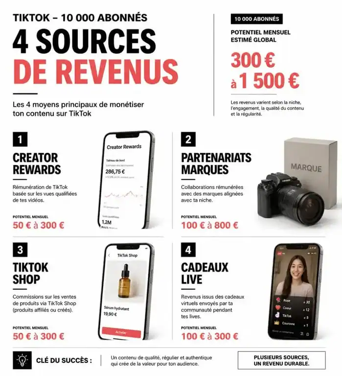 Infographie des sources de revenus pour un créateur TikTok avec 10000 abonnés