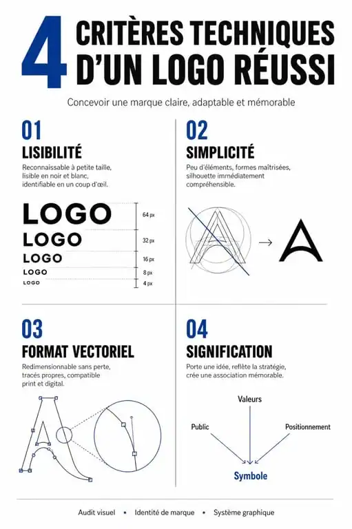 Infographie des 4 critères techniques pour une logo stratégie efficace