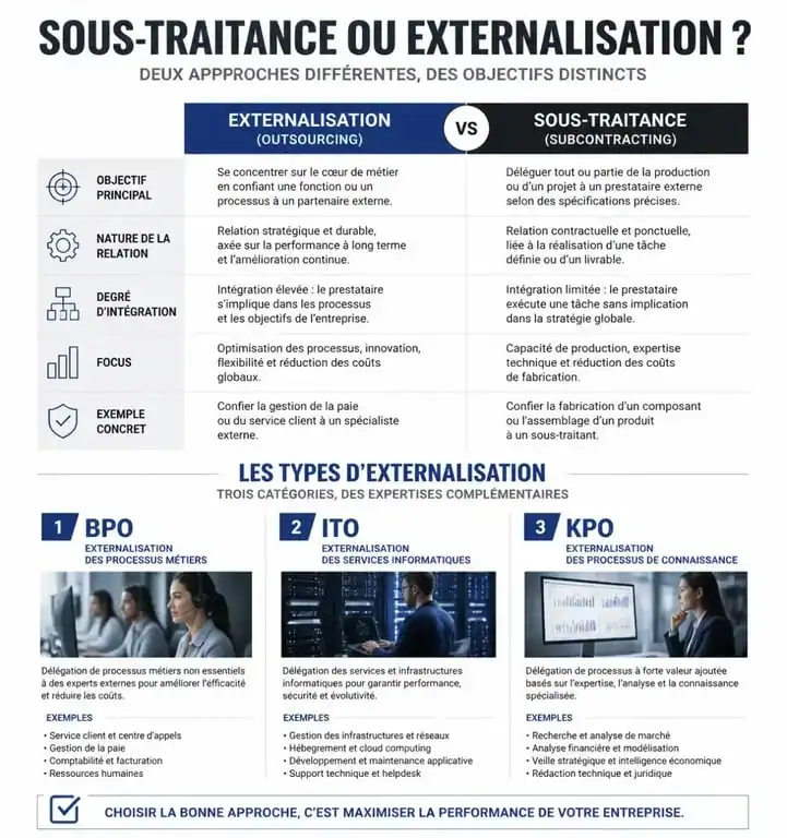 Infographie comparative sur l'outsourcing et ses différents types : BPO, ITO, KPO pour comprendre la définition de l'externalisation.