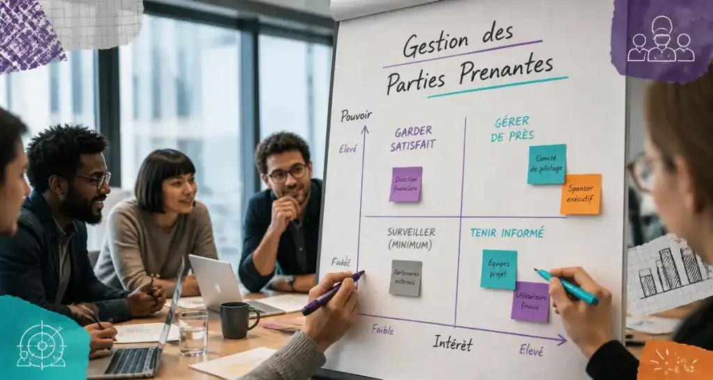 Équipe projet cartographiant les parties prenantes projet
