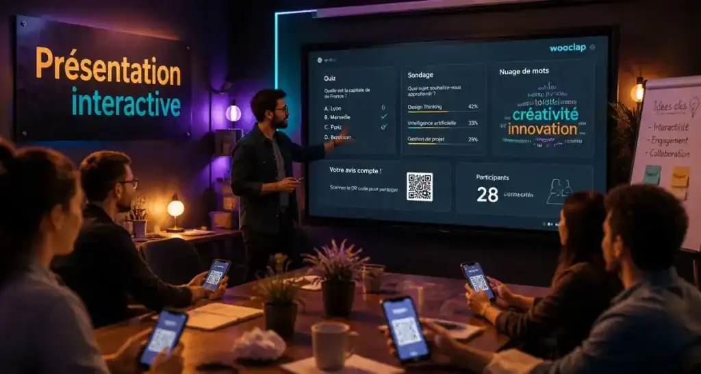 Présentation interactive en salle de formation avec quiz et QR code