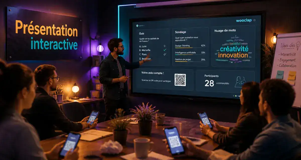 Présentation interactive en salle de formation avec quiz et QR code