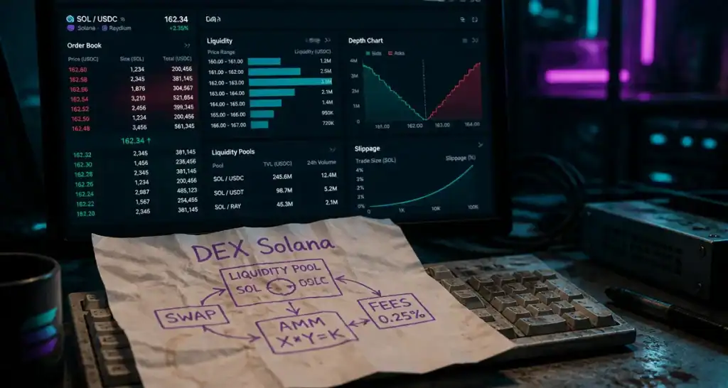 Solana DEX : écran trading et slippage