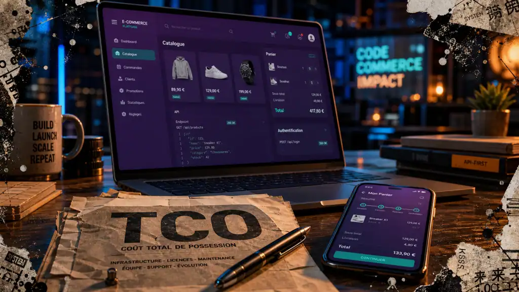 Solutions e commerce : maquette e-commerce sur bureau, panier et API