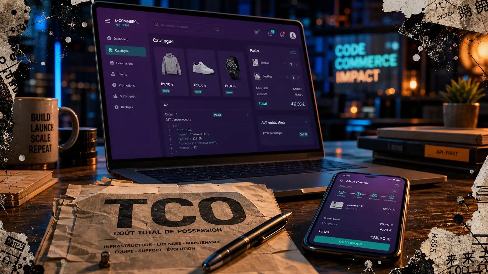 Solutions e commerce : maquette e-commerce sur bureau, panier et API