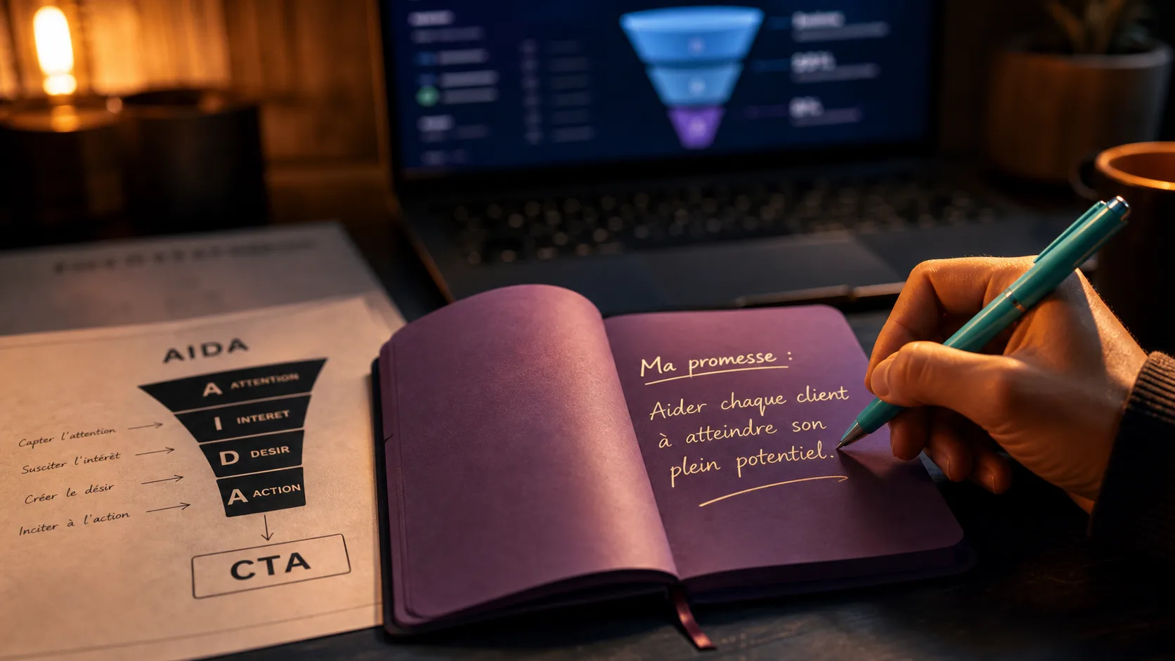 Copywriting definition : AIDA et CTA sur un carnet