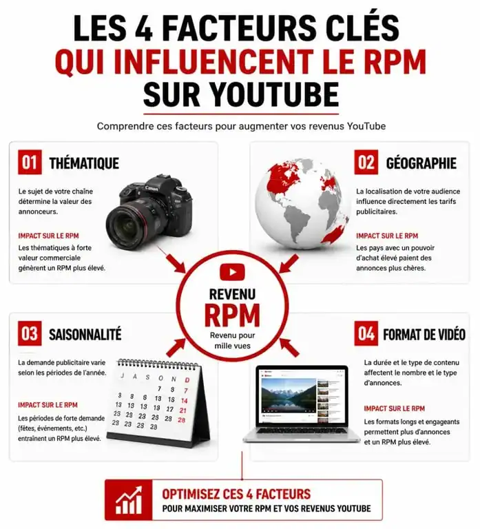 Infographie des facteurs influençant la rémunération YouTube par vue