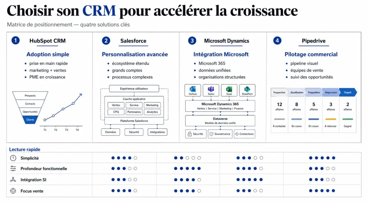 HubSpot CRM évolution croissance entreprise : comparatif visuel avec Salesforce, Microsoft Dynamics et Pipedrive pour aider au choix d'un CRM évolutif