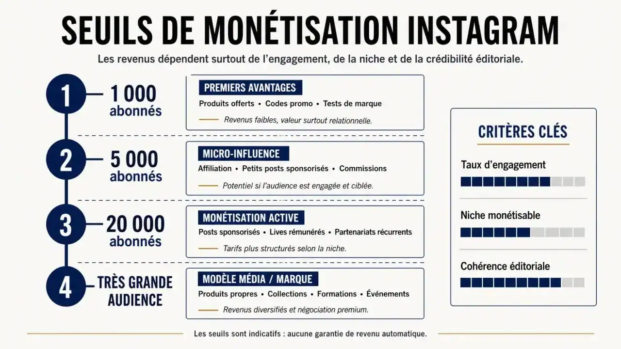 Infographie sur a partir de combien d'abonnés instagram paye avec les seuils de revenus et les critères clés