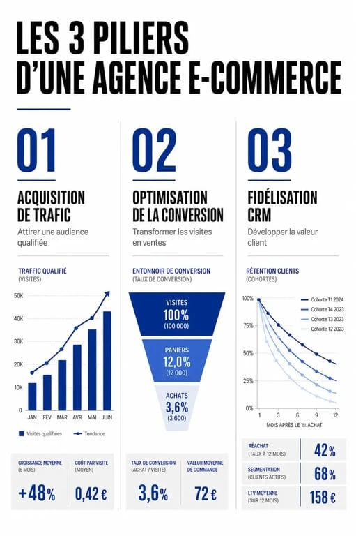 Infographie des trois piliers d'une agence ecom : acquisition, conversion et fidélisation client