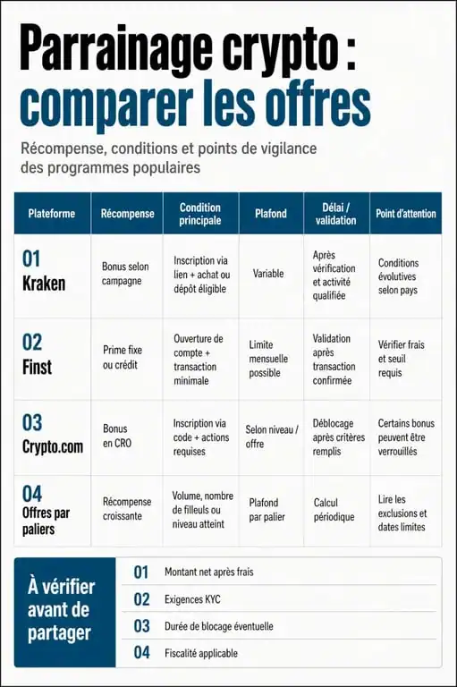 Parrainage crypto : comparaison visuelle des récompenses, conditions et plafonds entre plusieurs plateformes