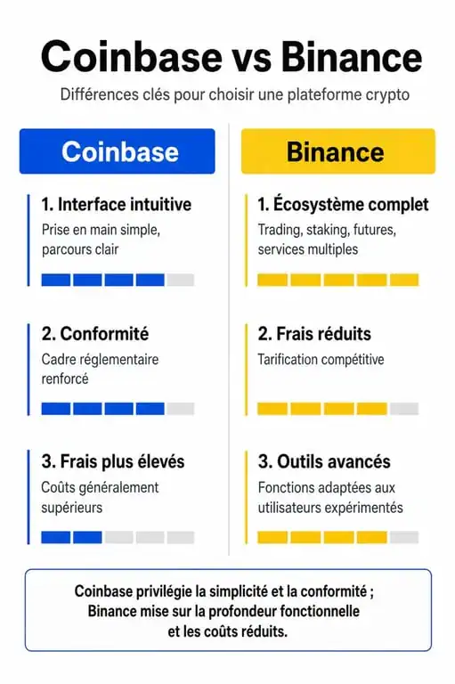 Infographie comparative des plateformes crypto Coinbase ou Binance : frais, fonctionnalités et profil utilisateur.