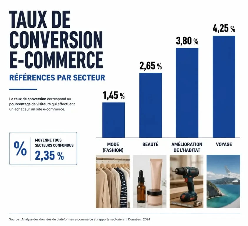 Infographie des taux de conversion e-commerce par secteur d'activité