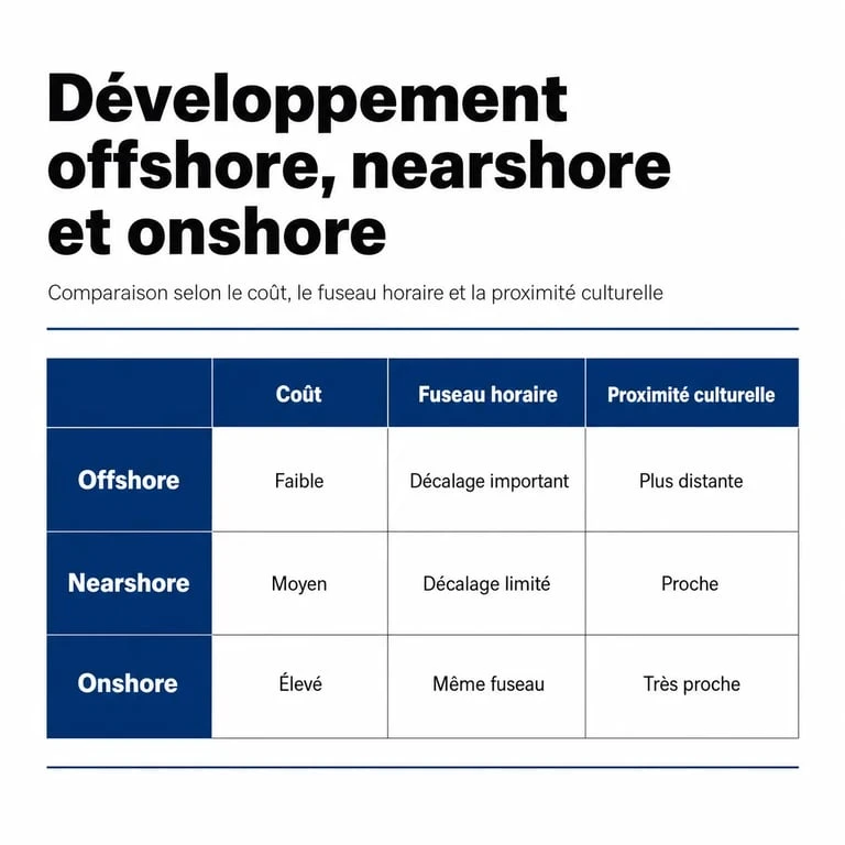 Comparatif des modèles de développement web offshore, nearshore et onshore pour choisir la meilleure stratégie d'externalisation.
