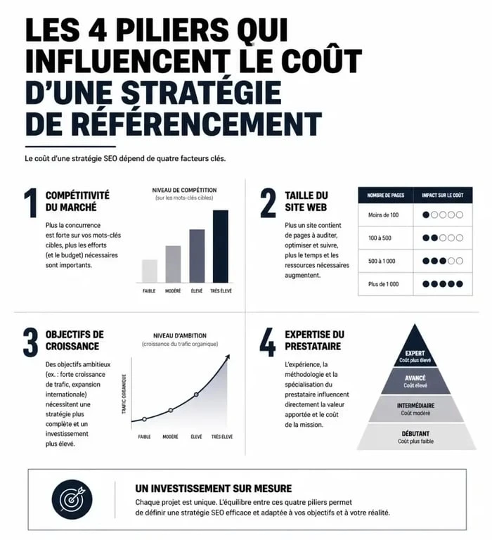 Infographie des principaux facteurs influençant le tarif d'une prestation de référencement SEO et SEA