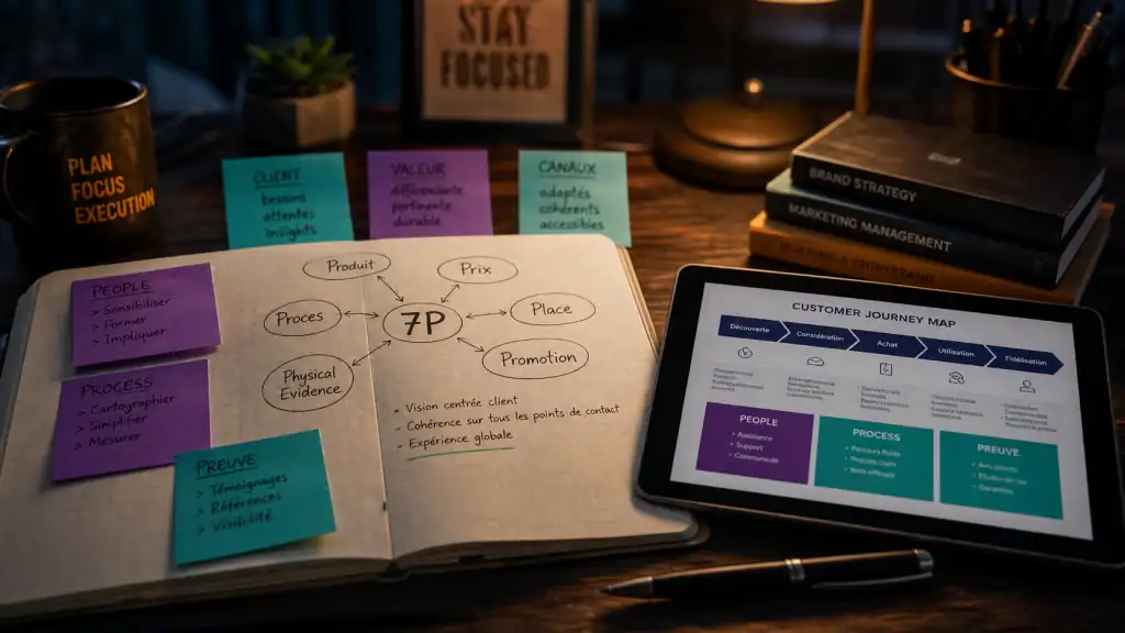 Mix marketing 7P : Produit Prix Place Promotion People Process Preuve, stratégie services