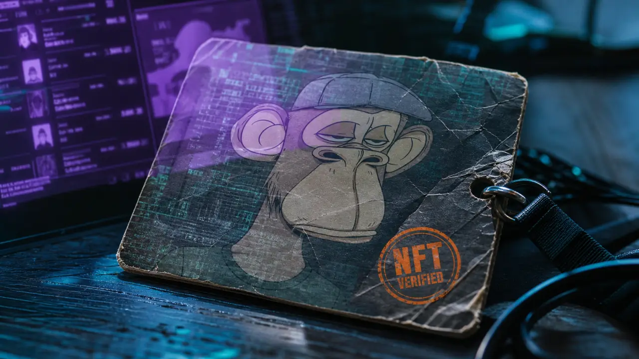 Singe nft BAYC sur écran, badge NFT Verified, néon violet et turquoise