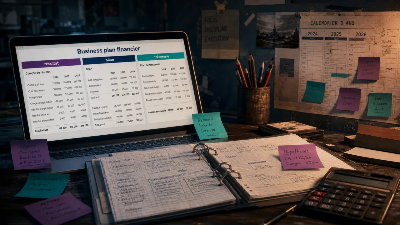 Business plan financier : 4 tableaux (résultat, bilan, trésorerie).