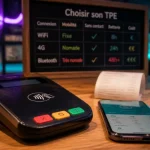 Carte bancaire tpe sans contact en boutique, smartphone 4G