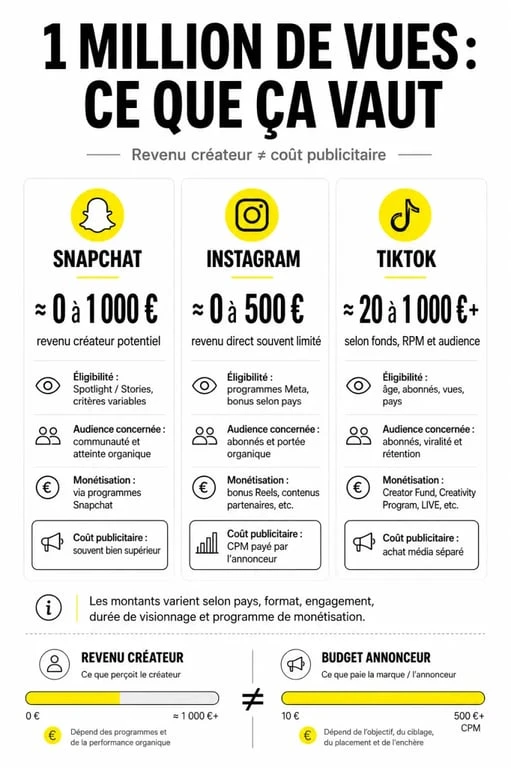 1 million de vue sur snapchat prix : infographie comparative des revenus et coûts entre Snapchat, Instagram et TikTok