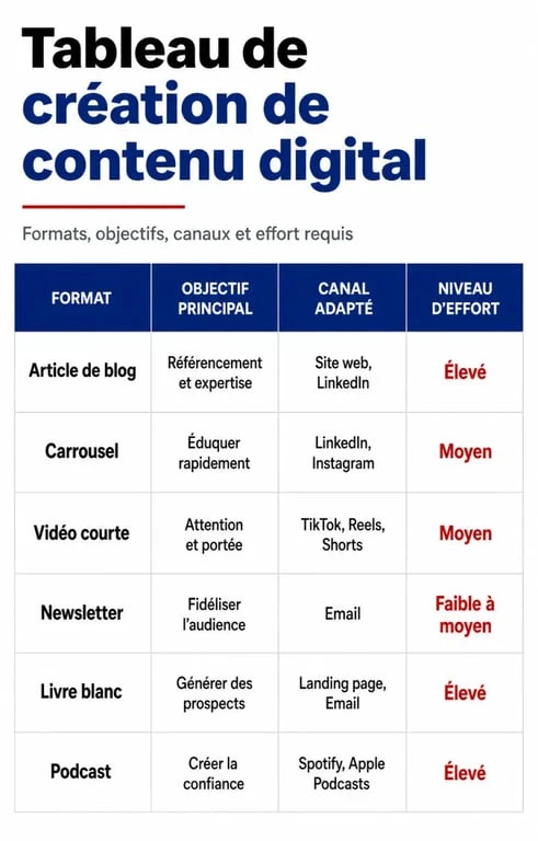 Création de contenu digital : tableau visuel des formats, objectifs, canaux et niveau d’effort