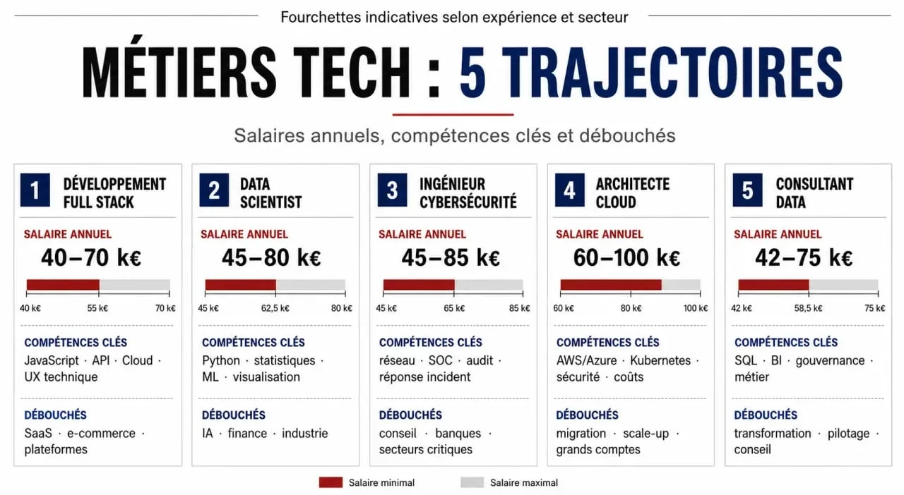 Infographie sur les métiers tech avec salaires, compétences et débouchés