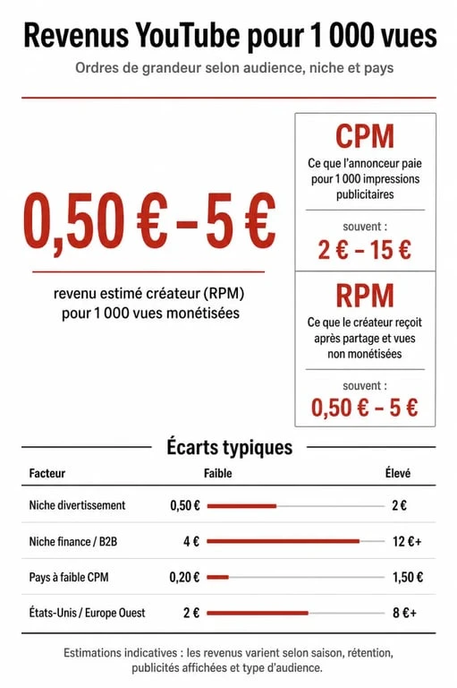 Combien paye YouTube pour 1000 vue : infographie des revenus moyens, du CPM au RPM et des écarts selon niche et pays