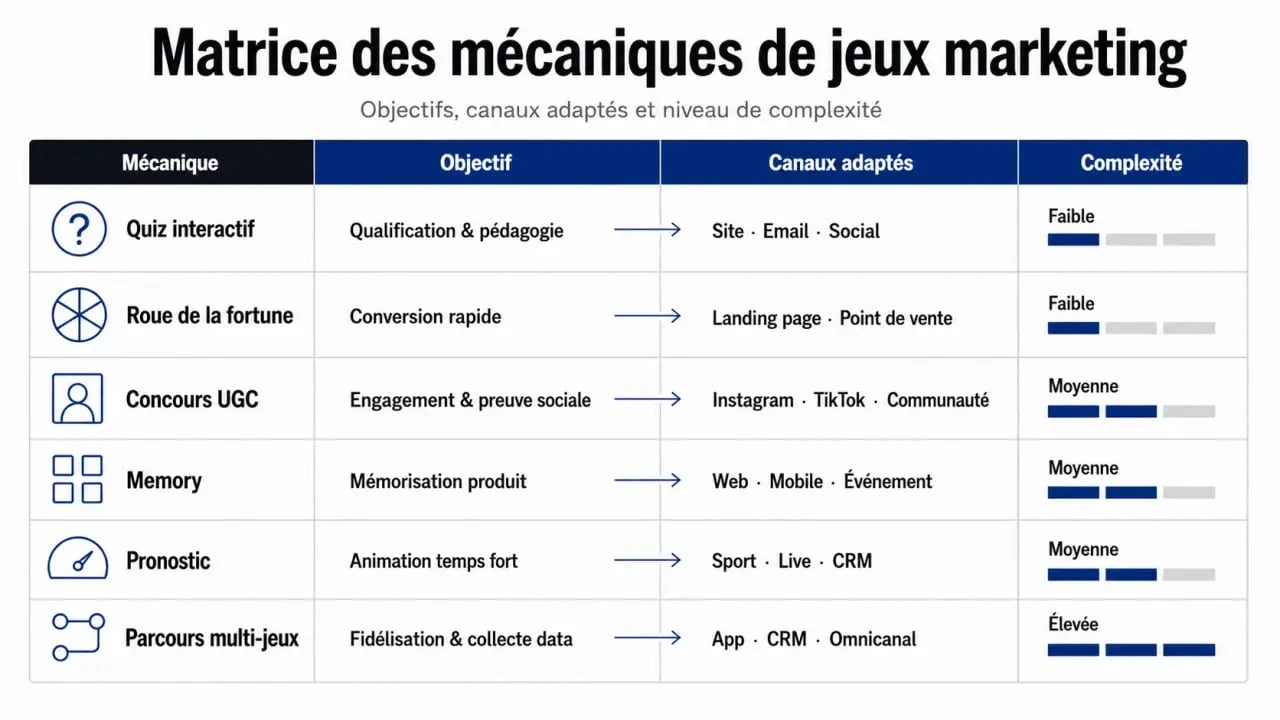 Matrice visuelle des jeux marketing selon l’objectif, le canal et la complexité