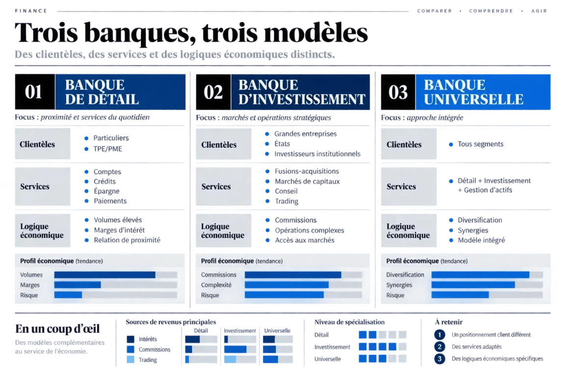 Schéma de l’investissement des banques : comparaison entre banque de détail, banque d’investissement et banque universelle
