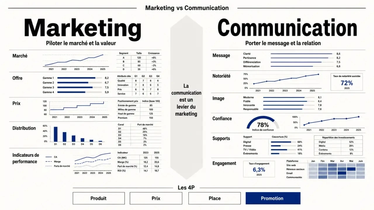 Différence marketing et communication illustrée par un tableau comparatif visuel sur les objectifs, les cibles, les outils et les indicateurs