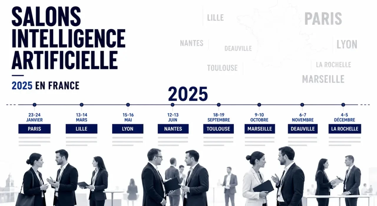 Calendrier visuel des salons intelligence artificielle 2025 en France, avec dates, villes et formats professionnels
